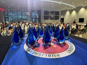 Viewing the Midwest Book Award glass winner awards from behind, looking out over the Gala attendees.